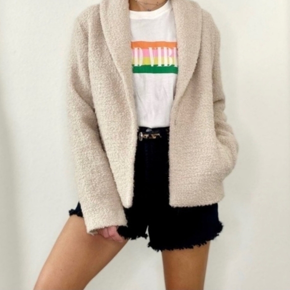 Eileen Fisher Cream Fuzzy Teddy Boucle Wool V-Neck Single Closure Blazer Jacket - Picture 1 of 15